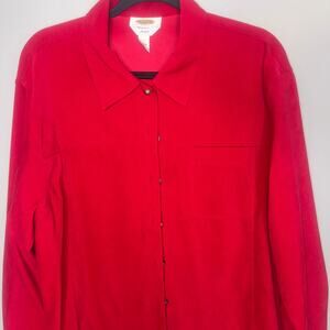 Talbots Petitie Stretch Womens Large Red Longs Sleeve Heavy Button Down Shacket